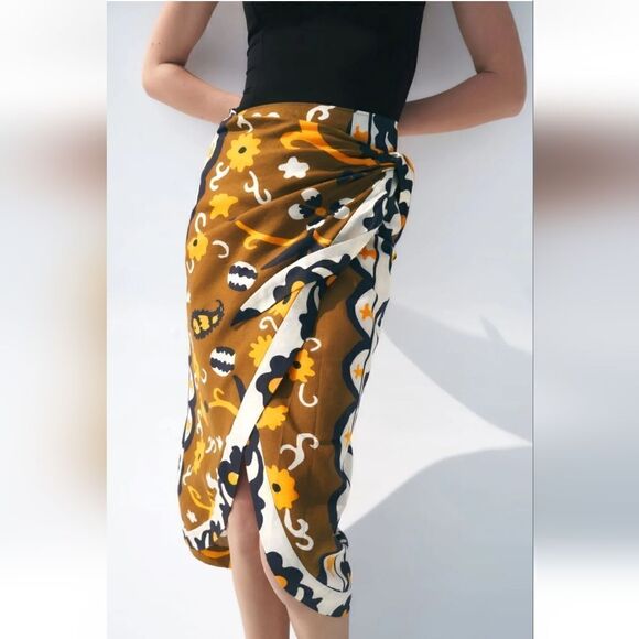Zara Linen Blend Tribal Print Wrap Sarong Skirt Sz S - Picture 1 of 10